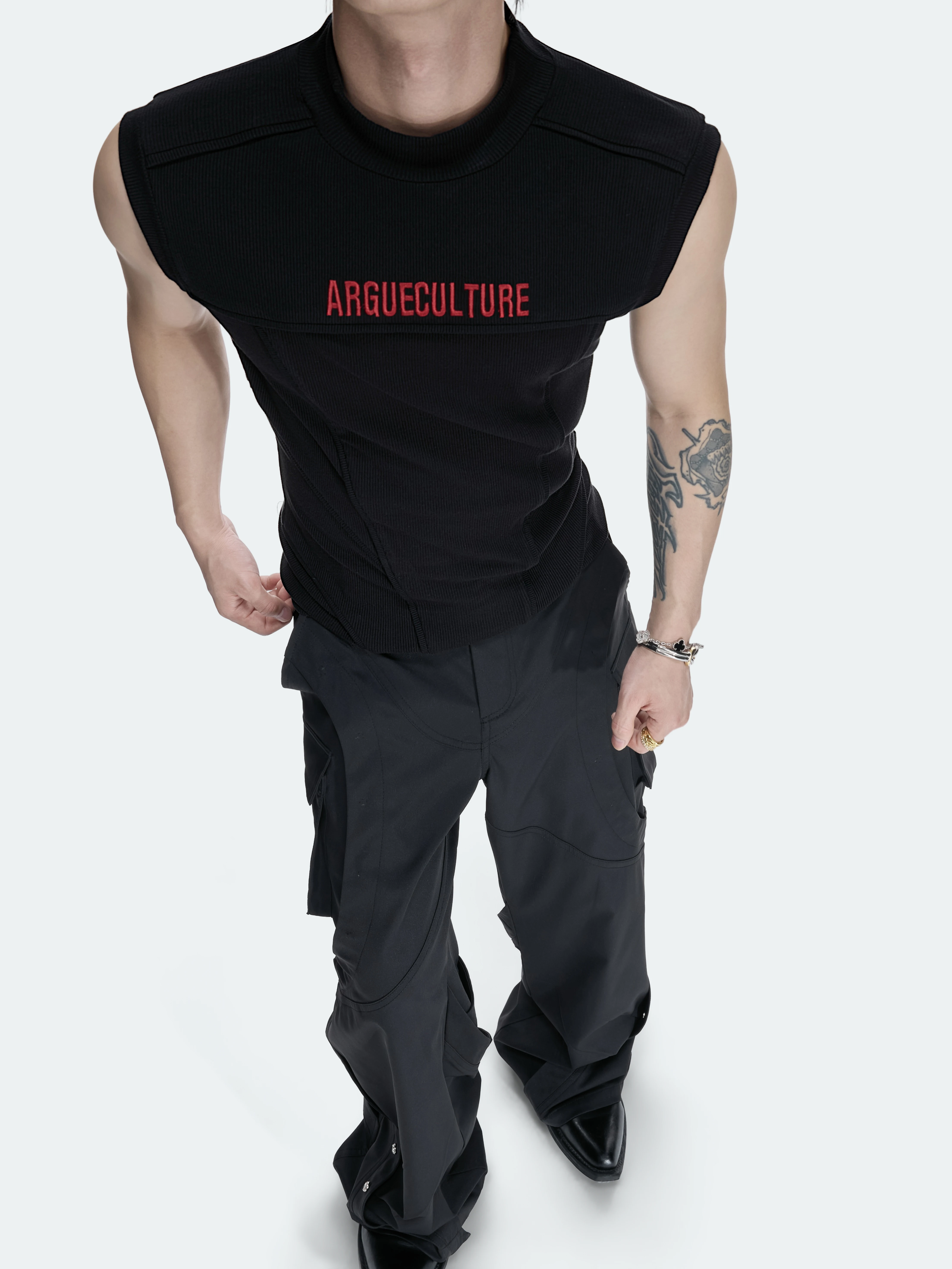 Argue High Elastic Fitness Breathable Backless Embroidery Design Sports Vest Men's Slim Fit Short Sleeve U Neck Top