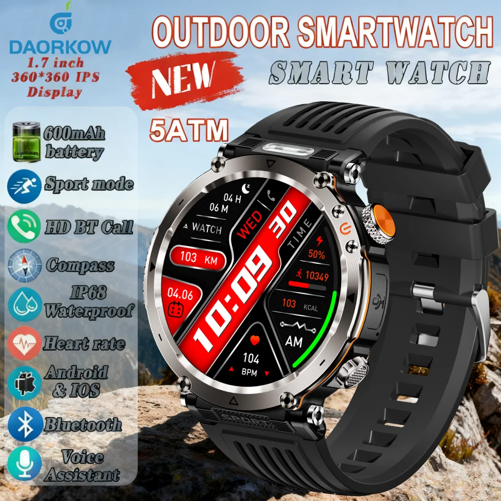 

New Outdoor Smart Watch Men 600mAh LED Flashlight SmartWatch Compass Bluetooth call Heart rate IP 68 Sports Smartwatch 2025 New