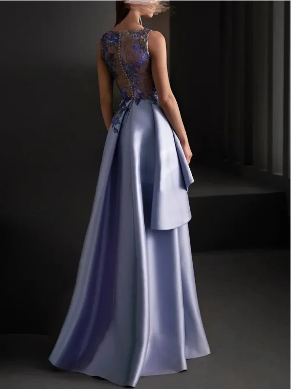 Sexy long satin lace applique dress A-line strapless evening gown formal party dance dress customization