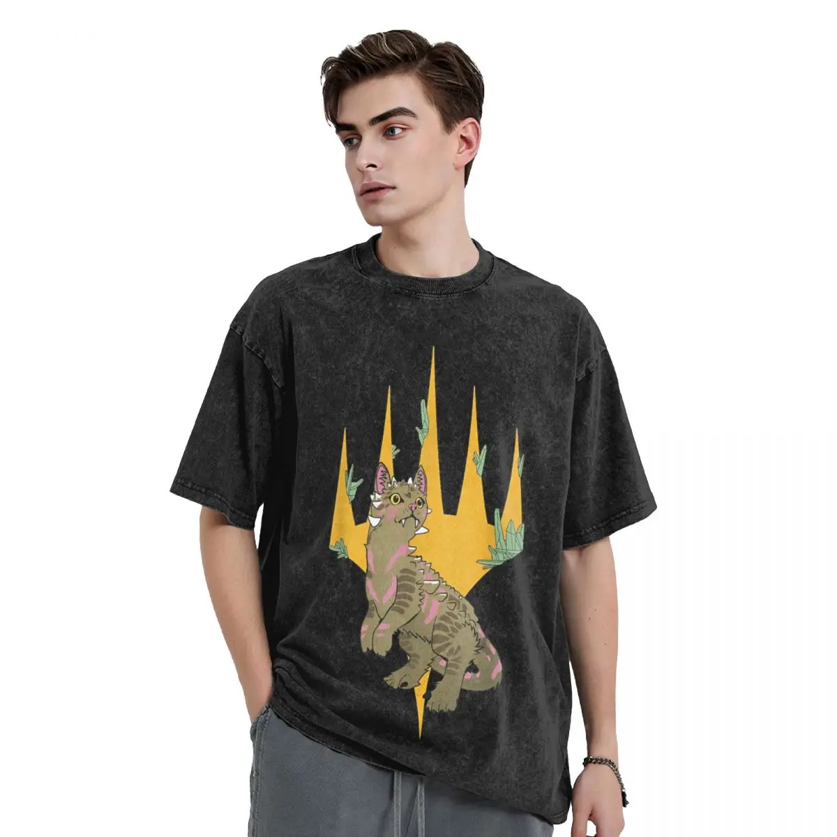 Magic The Gathering Dinosaur Cat Logo Washed T Shirt Streetwear Novelty T-Shirts Men Women Short Sleeve Street Printed Tees