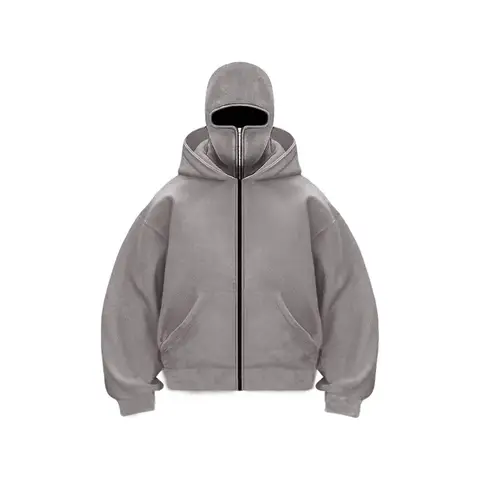 2025 Cross-Border E-commerce Men's Zip-Up Fleece Pullover Hoodie with Masked Double Hats Design, European Size Loose-Fit Sportsw