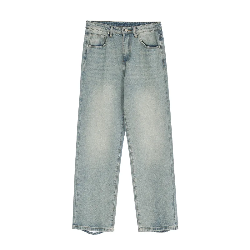 High Street Retro Washed Straight Slim Jeans Men Fashion Streetwear Full Length Denim Pants Casual Trousers