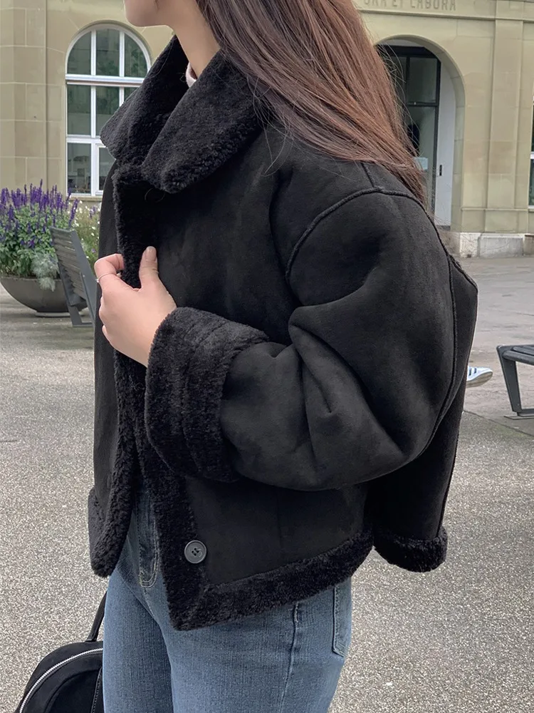 Jaet – vêtements Double face en fourrure d'agneau pour femmes, Chic, rétro, col en cuir et fourrure, tendance, haut chaud, tendance, rue