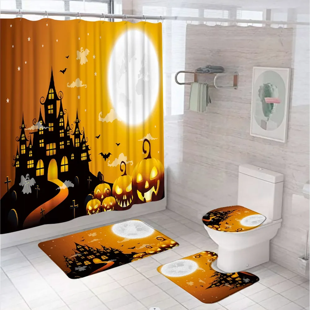 4Pcs Halloween Shower Curtain Set with 12 Hook Moon Night Castle Ghosts Bat Pumpkin Bathroom Curtains Toilet Rug Carpet Bath Mat