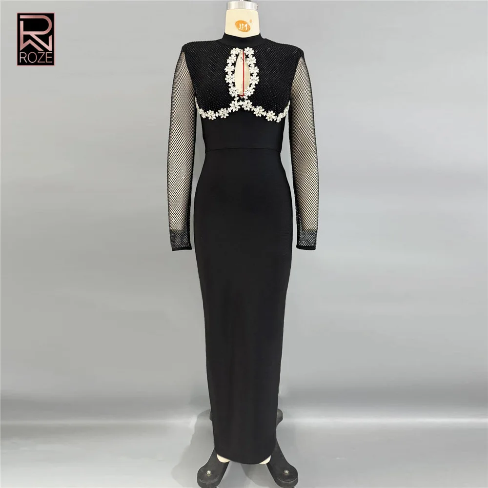 

Black Mesh Long Sleeve Evening Gown High-End Cross-Border, Fashion Rhinestone Bandage Slim Fit Banquet Dress
