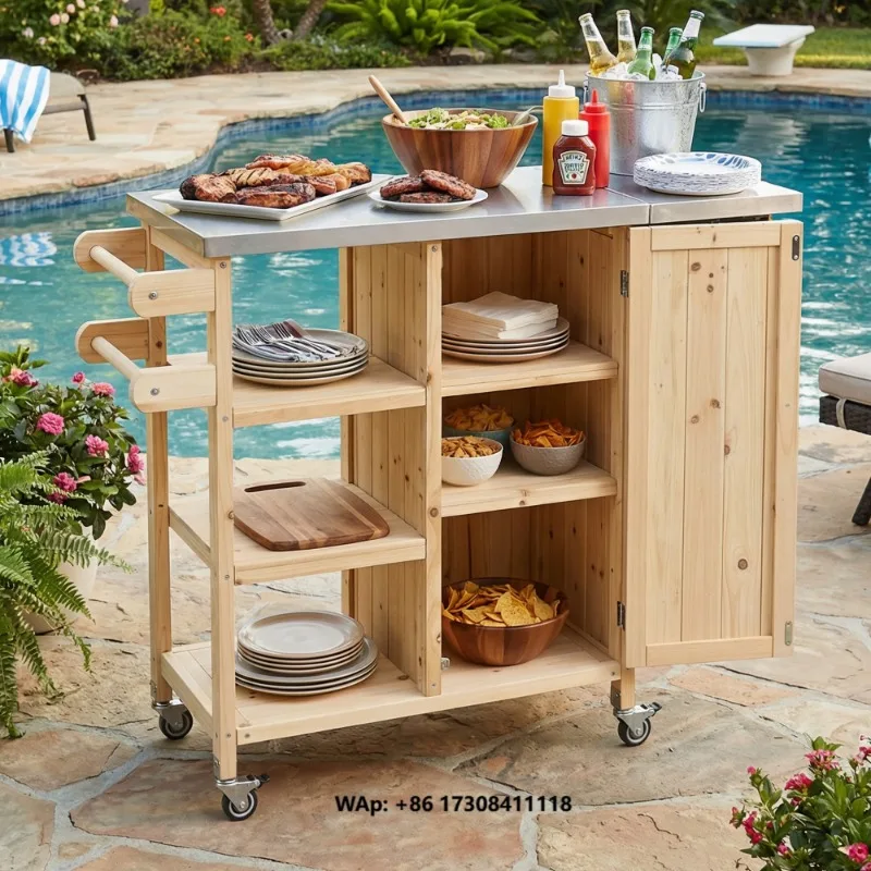 Foldable Modern Durable Outdoor Kitchen Island Cart with Lockable Wheels Storage Cabinet Towel Rack-White & Brown