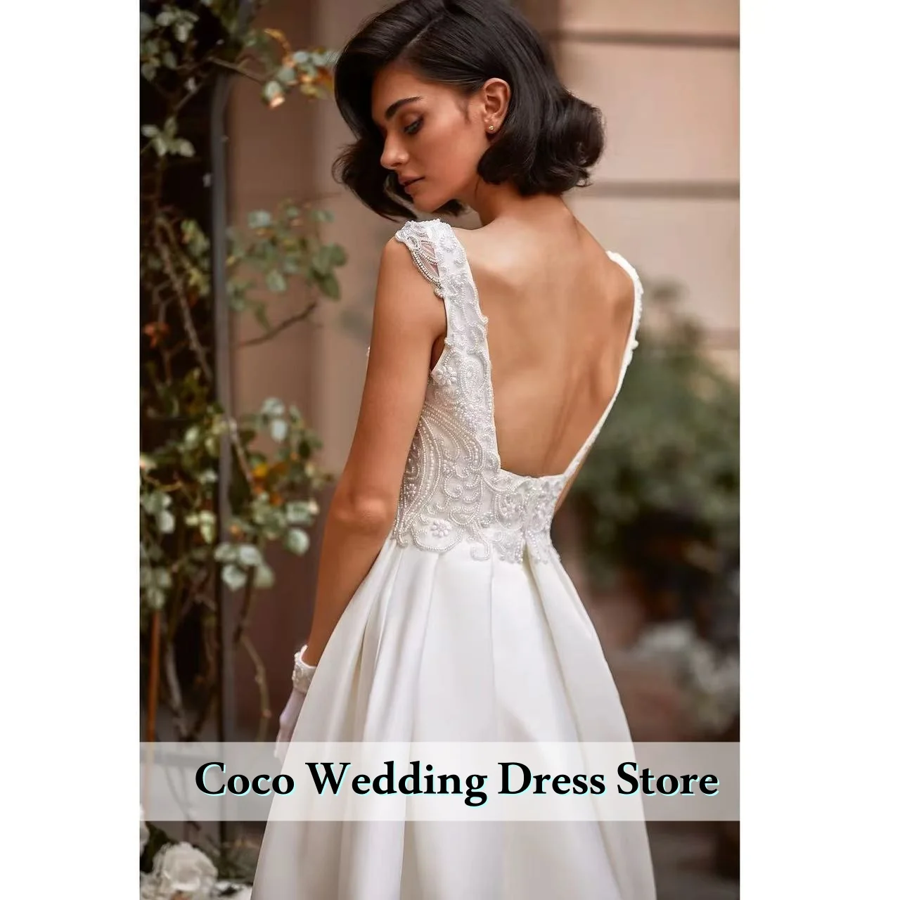 فساتين زفاف رائعة بياقة مربعة مخصصة من الساتان فساتين زفاف مطرزة بدون أكمام بدون ظهر فيستدوس دي نوفيا