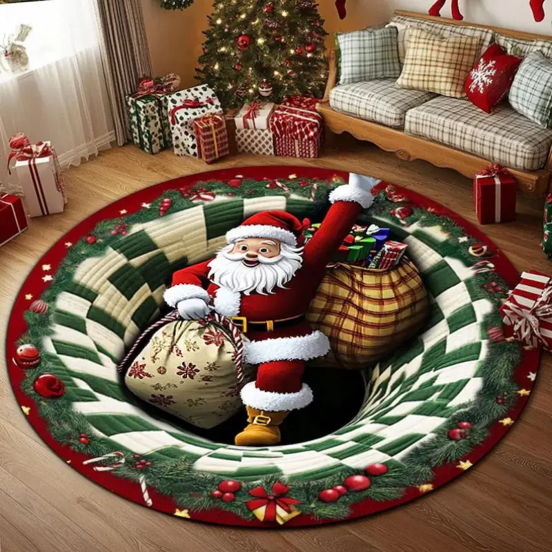 VIKAMA 3D Vortex Santa Claus Gift Bag Hole Illusion Round Rug Non Slip Soft Plush Carpet Living Room Xmas Decor Washable