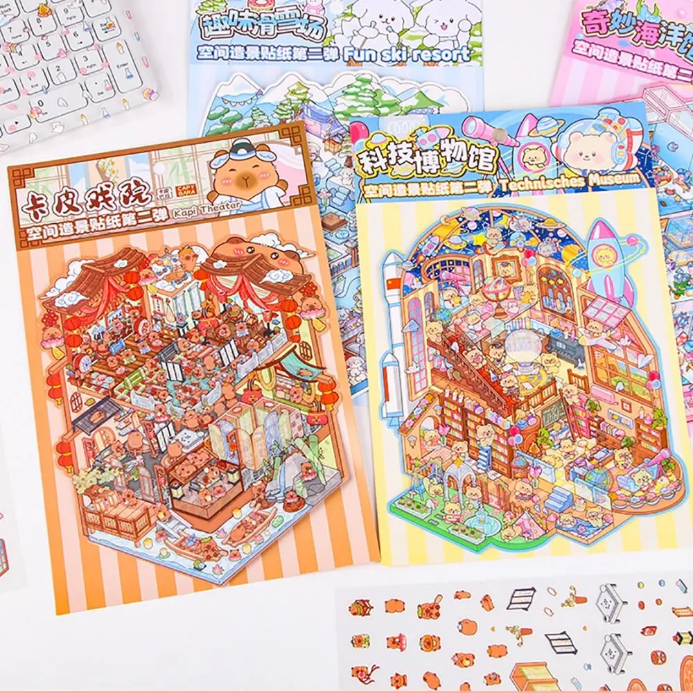 Nieuwe Plus Size 3D Landschap Sticker Cartoon Visuele Stapelen Sticker Cabine Scène Pocket Cabine Scène Student Kid Kind