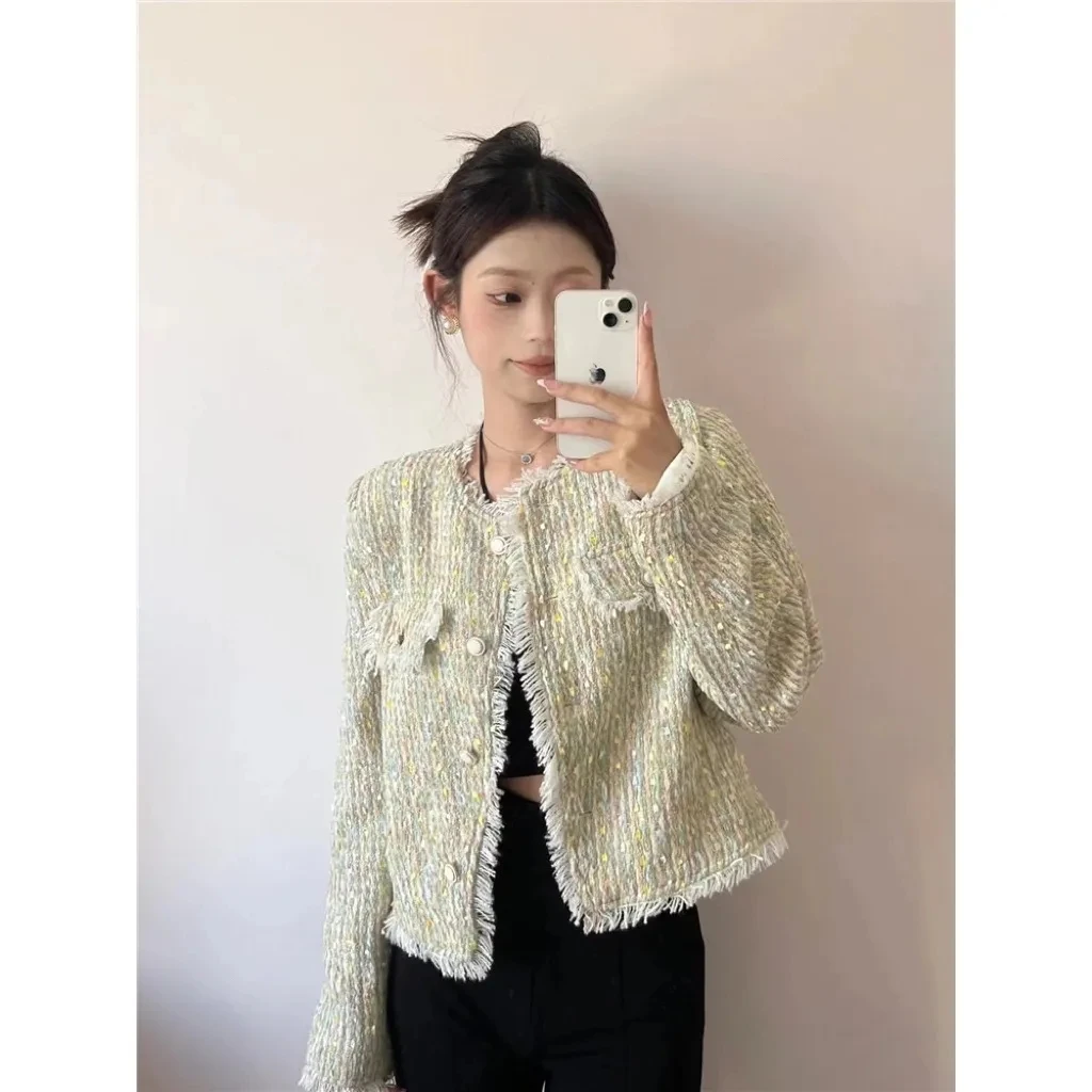 Green Tassel Jacket Women's New Chic Short Trend Spring Autumn 2023 Female O-Neck Coat