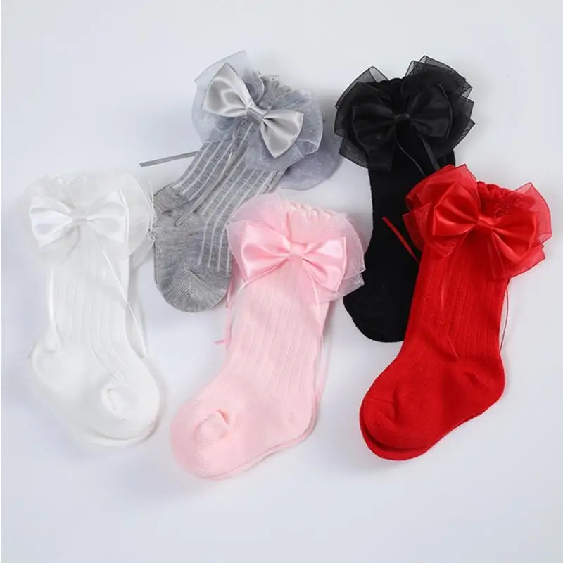 

Toddler Baby Girls Stockings Princess Solid Color Tassel Big Bowknot Socks Spring Fall Cute Knee High Socks 0-3Years