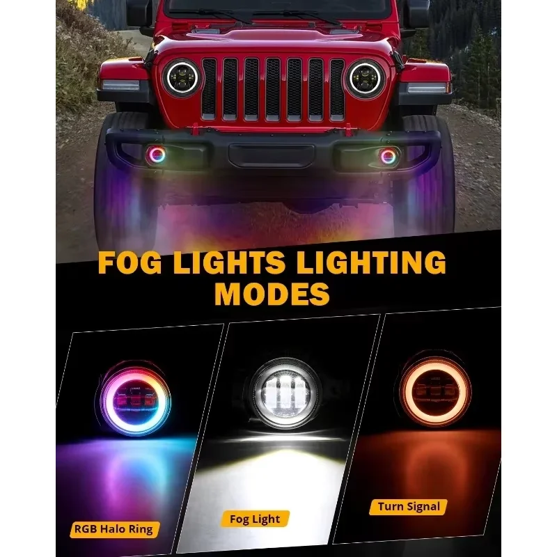 9 Inch LED Magic RGB Headlights/4 Inch LED Fog Lights with Turn Signal Lamp for Jeep Wrangler JL 2018-2024