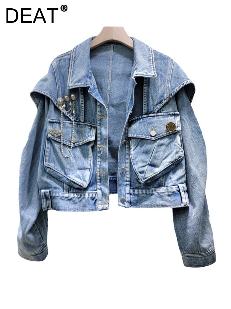 

DEAT Women's Denim Coats 3d Pockets Buttons Decoration Single Breasted Long Sleeve Jackets 2024 Autumn New Fashion 11A0480