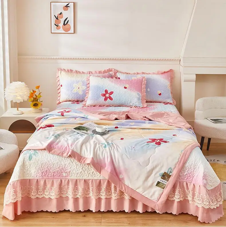 Four piece set of washed cotton and linen summer quilt bed cover Cotton printed four piece set