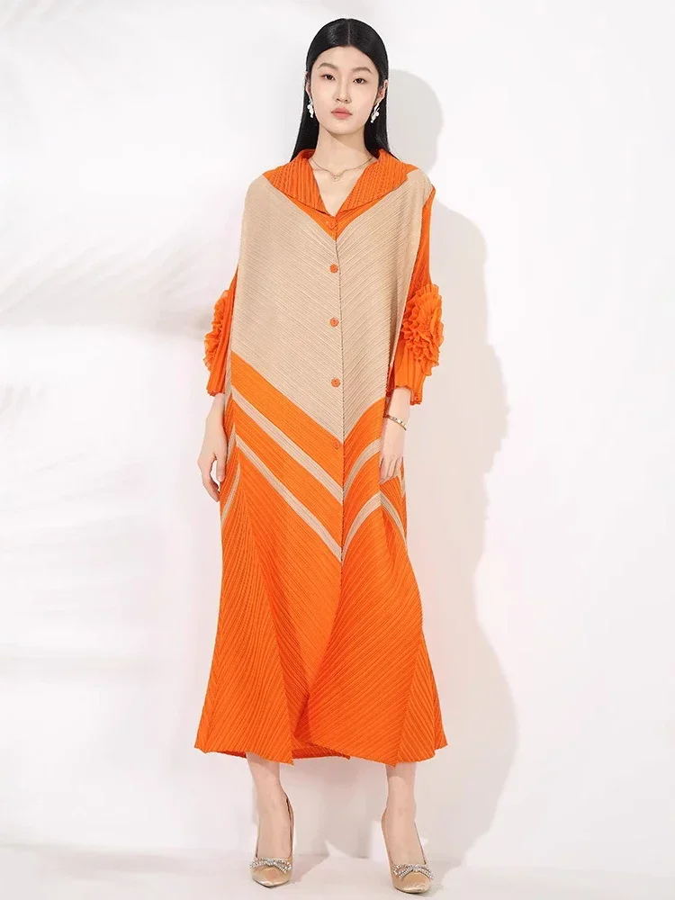 ANLAN カラーブロックラップル花バックル七分袖プリーツカーディガンドレス女性の 2025 新しいシックなシングルブレスト服