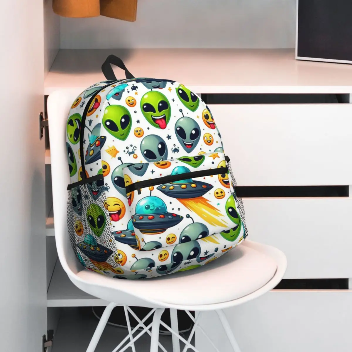 Green Alien And UFO Pattern Student Backpack School Bag Hiking Travel Daypack for Men Women Bookbag Shoulder Bags
