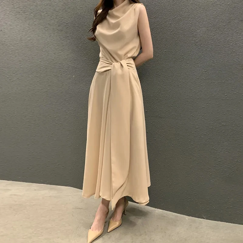 Gidyq Elegant Women Bandage Dress Fashion Korean Female Waist Midi Dress Casual Button A Line Sleeveless Dresses Summer New