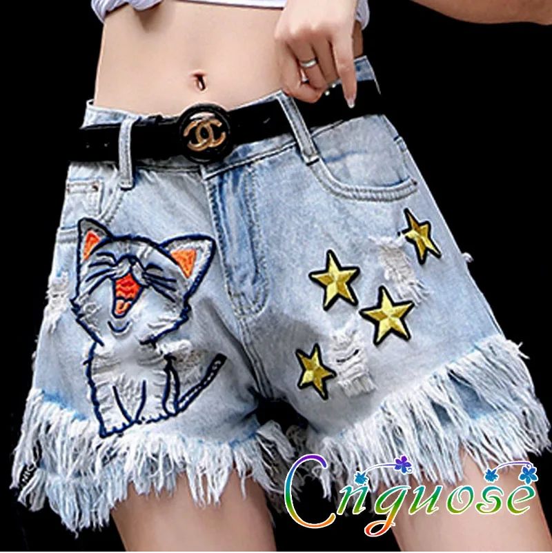 2024 Summer Cute Modis Jeans Shorts Hot Pants Korean Fashion Embroidered Cat Star Pattern Hole Girls' Denim Shorts, Hot Pants