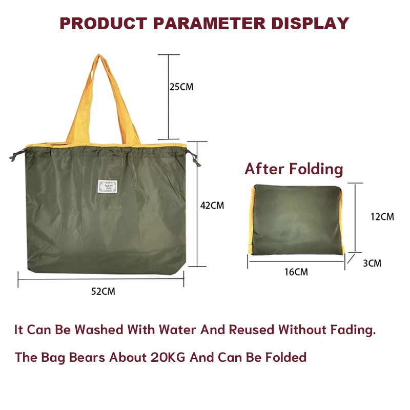 Reusable Shopping Bag Large Capacity Eco Tote Bag Solid Color Nylon Handbags Waterproof Foldable Drawcord Shoulder Storage Pouch