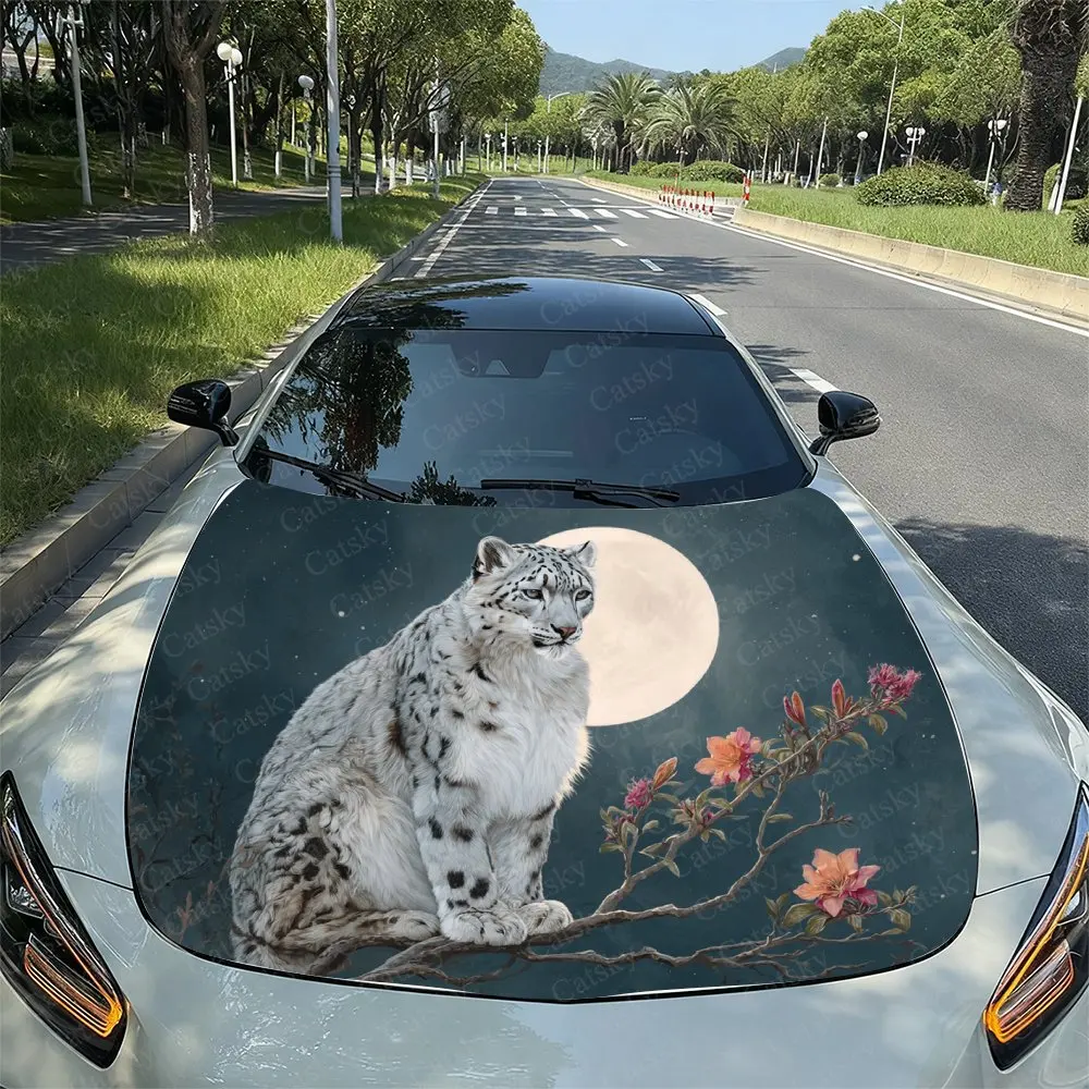 

The Snow Leopard On The Branch Car Vinyl Wrap - Splash-Resistant Engine Hood Decal Sticker, Easy Removal Durable Personalized Ca