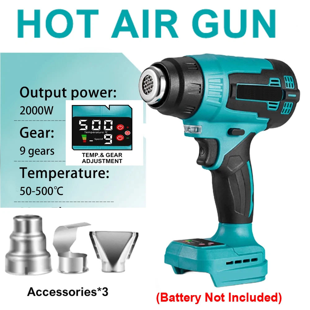 2000W Electric Hot Air Gun For Makita 18V Lithium Battery High & Low Temperature and Overload Protection Cordless Heat Gun