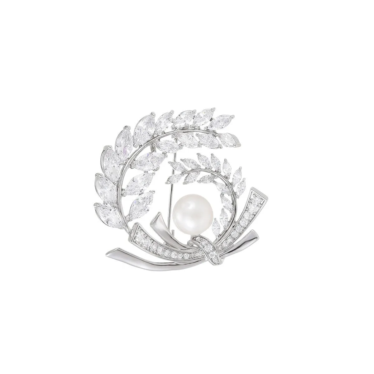 

Beauty Luxury Wheat Shape Brass Flower Brooch with Cubic Zirconia and Freshwater Pearl Clothing Accessories