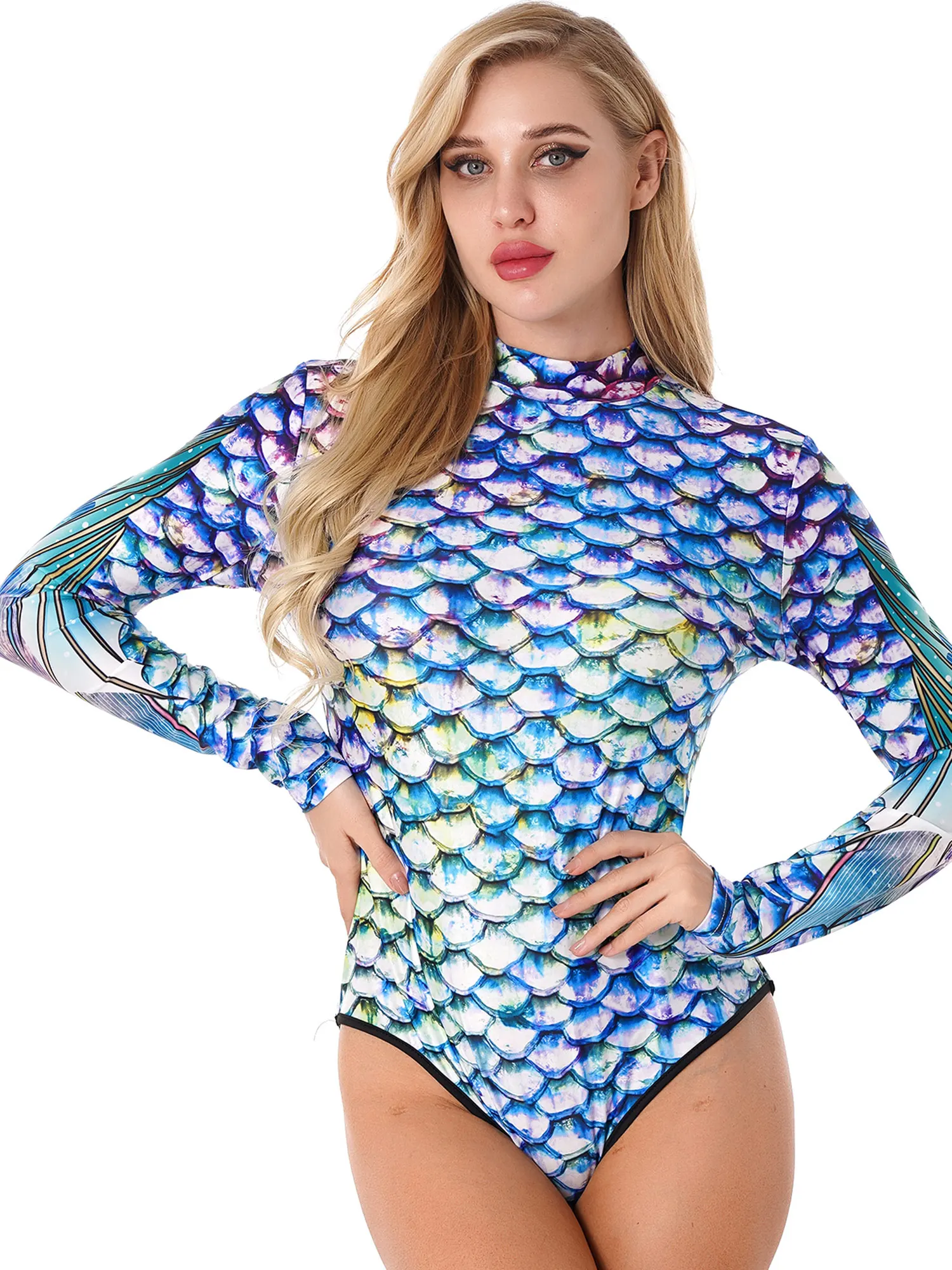 Women Mermaid Swimsuit Fish Scales Print Long Sleeve Rash Guard Zipper Surfing Bathing Suit Beachwear Bodysuit Jumpsuit Swimwear