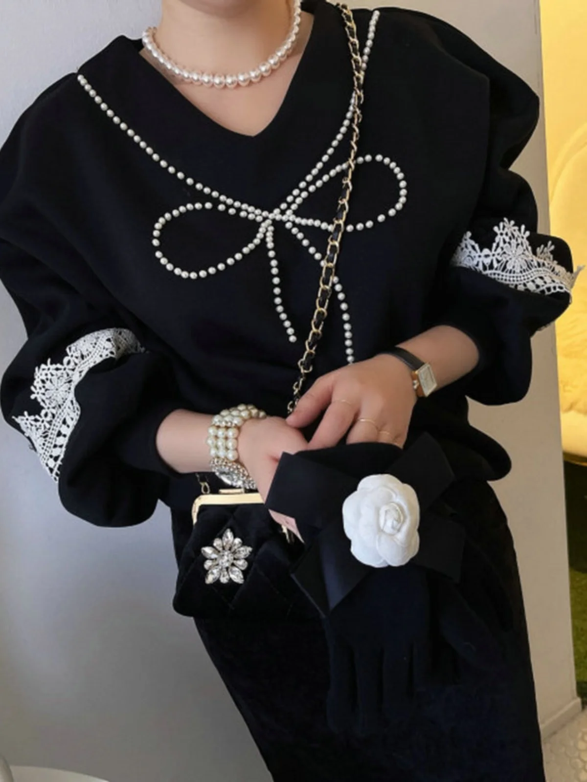 

Худи с длинными рукавами и V-образным вырезом, с кружевной отделкой, узлом и рукавами-фонариками, декорированный свитшот Solowen, однотонный, для повседневной носки