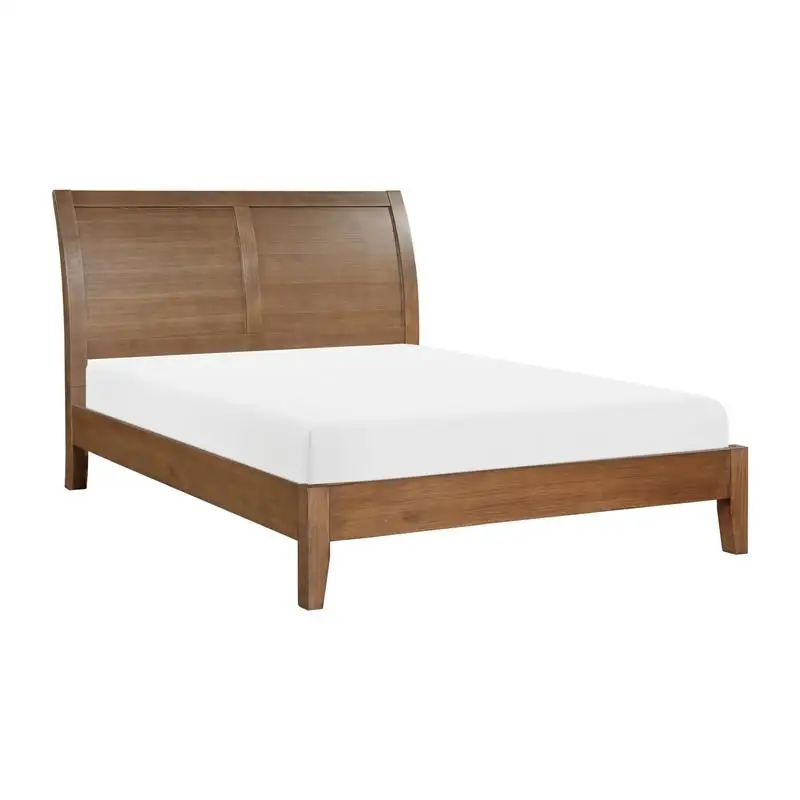 Queen Size Platform Bed with Sleigh Headboard in Light Brown Finish - Transitional Style Bedroom Furniture
