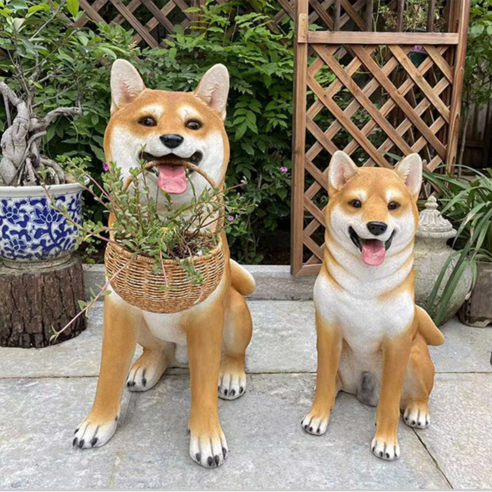 Shiba Inu Statue Yard Akita Statue Dog Sculpture with Basket Lifelike Outdoor Dog Sculpture Realistic for Entryway