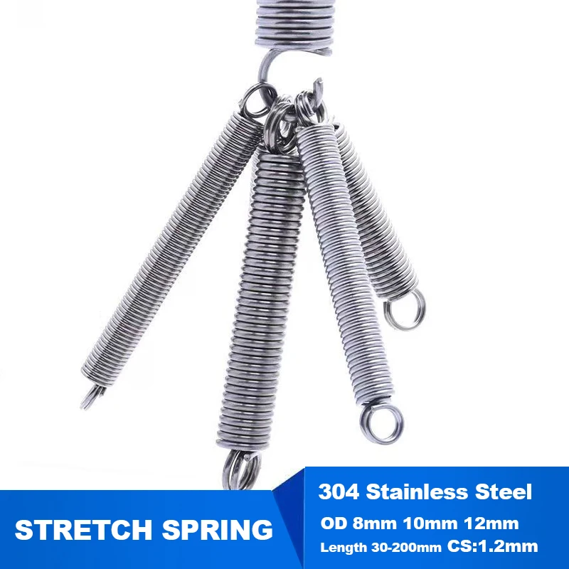 1Pcs CS 1.2mm 304 Stainless Steel Stretch Spring Open Hook Tension Spring Spiral Tension Spring OD 8mm 10mm 12mm Length 30-200mm