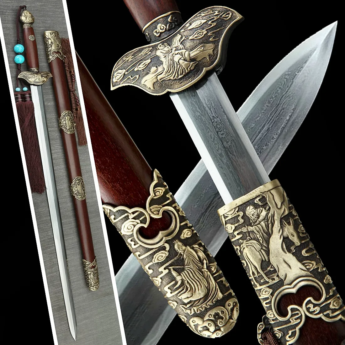 Chinese Mythology Lucky Eight Immortals Sword Damascus Folded Steel Blade WuShu TaiChi Dao Jian Brass Fittings/Rose Wood Saya