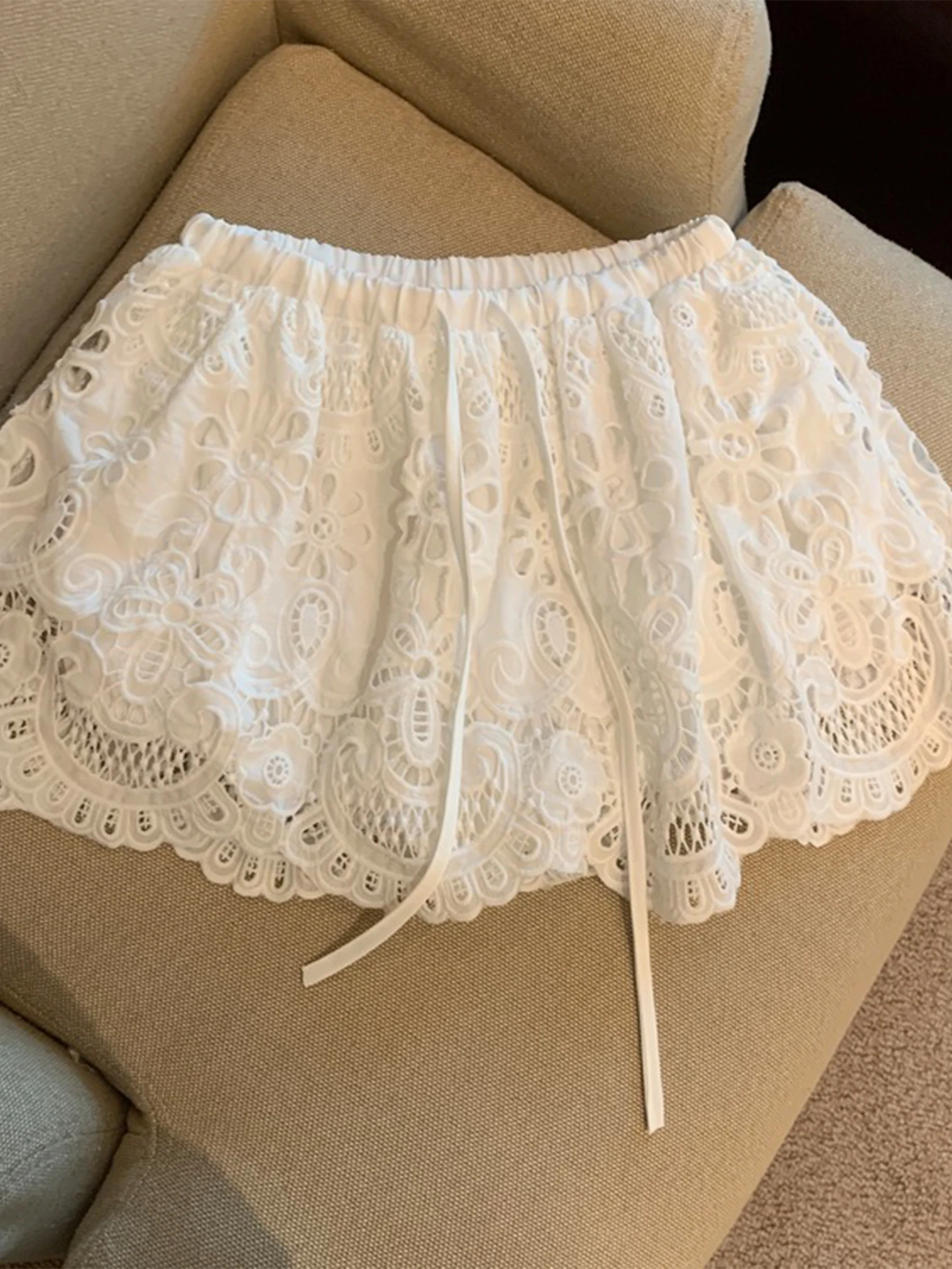 

Romantic Lace Embroidery Hollow out Bubble Short Pants Skirt Women's Summer New Style Sweet Half Skirt Breathable Skin-Friendly