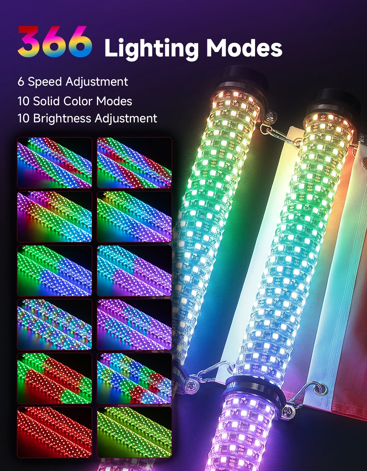 3FT RGB Fat LED Whip Lights Turn/ Brake/ Reverse Light for UTV ATV Buggy Boat Offroad Compatible with Polaris RZR for Can-Am X3