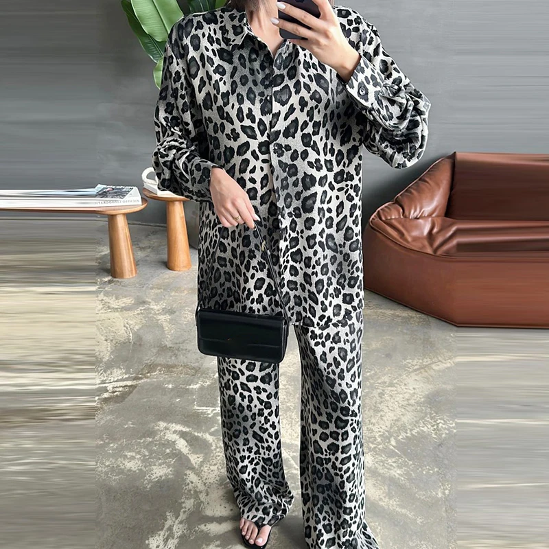 Spring Autumn Newest Women 2 Piece Sets Leopard Print Suit Long Sleeved Cardigan Shirt+Casual Wide Leg Pants Home Loose Outfits