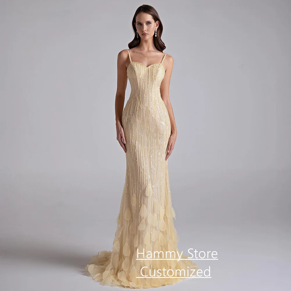 

Сексуальное вечернее платье русалки на тонких бретельках, индивидуальное кружевное платье с блестками и скользящим шлейфом, вечернее платье для выпускного вечера с цветочными лепестками