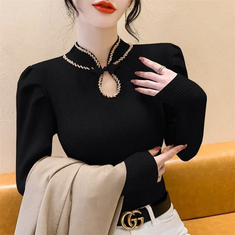 

New Chinese Knitted Sweater Heavy Duty Nail Drill Hollow Long Sleeve National Style Bottom Coat Women's Top