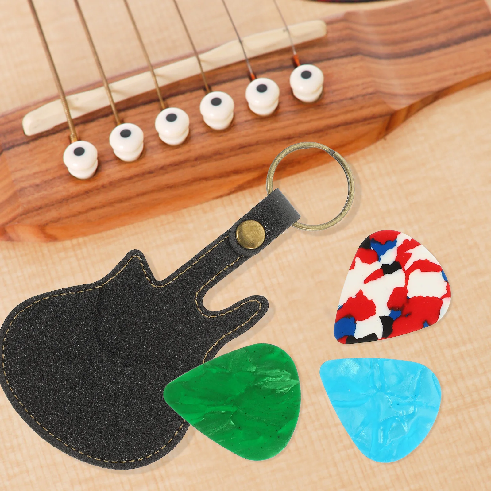 

1Set Guitar Picks Storage Holder Compact Guitar Carry Bag Durable PU Electric Wood Picks with Random Colors Keychain Holder