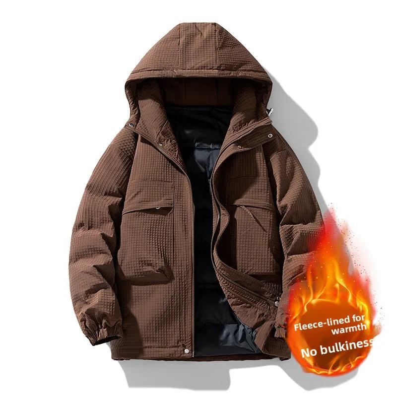 سترة شتوية عصرية سميكة ودافئة في الهواء الطلق عصرية مبطنة بالقطن مع معطف كاجوال مقاوم للرياح بلون سادة بغطاء للرأس #5