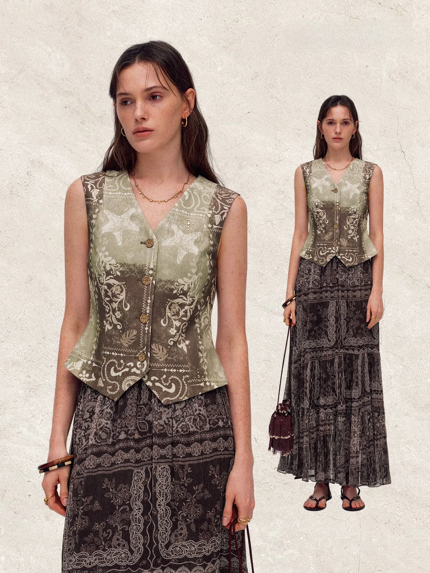 Colete Feminino Estampado Vena Label 26SS Primavera Verão Nova Textura Pintado à Mão Camada Superior Design Original