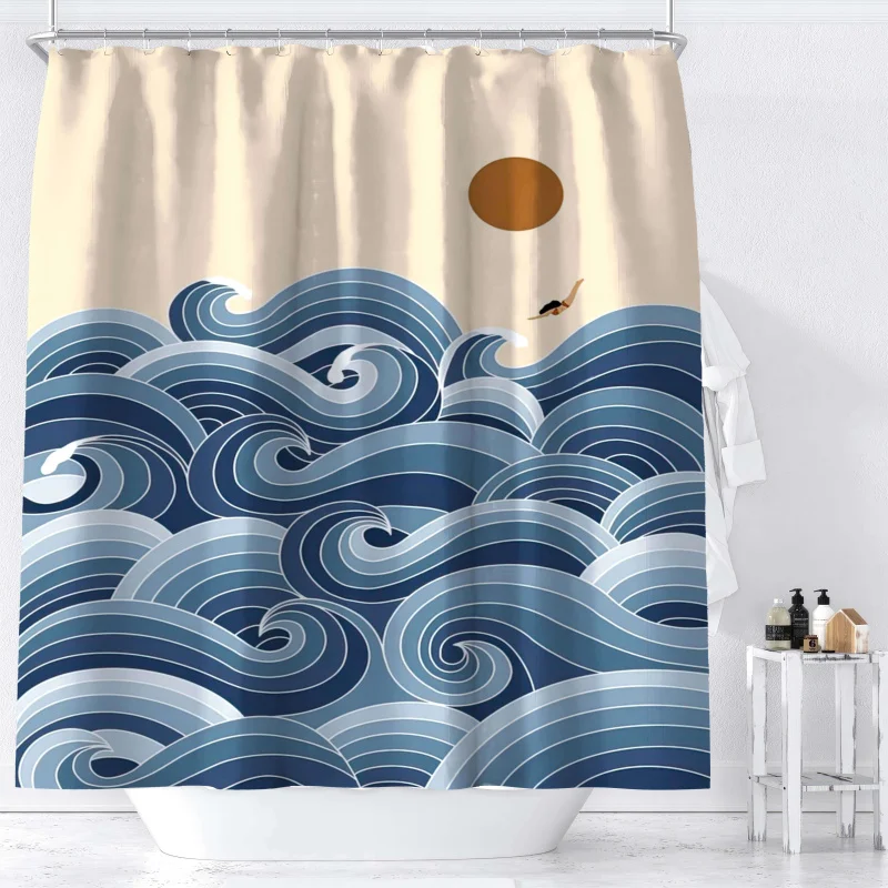 Ocean waves print shower curtain-waterproof polyester with hooks, machine washable, all-season bathroom decor by ywjhui