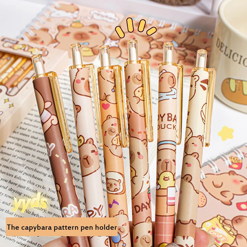 6pcs Kawaii Capybara Gel Pen Set Black Ink Quickly-Drying Cute Pens Aesthetic Stationery School Supplies Office Accessories