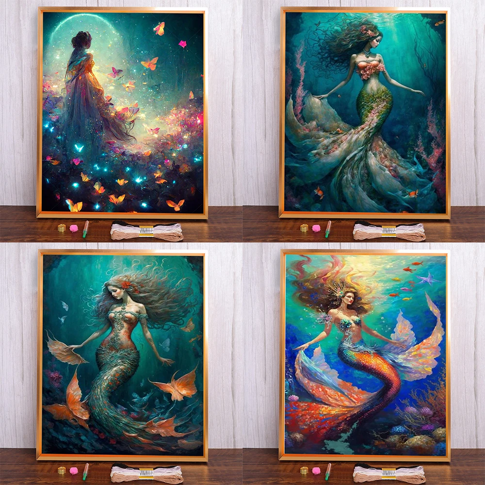 

Beautiful Mermaid Pre-Printed Cross-Stitch Embroidery Full Kit Needlework Painting Handiwork Handicraft Magic For Adults Floss