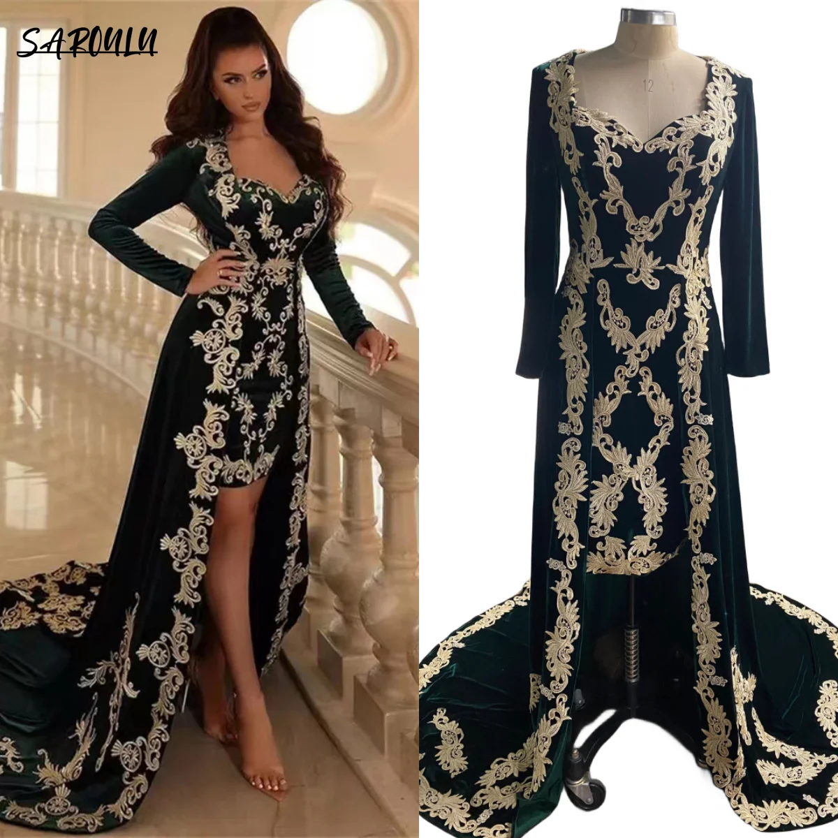 

Long Sleeve Muslim Prom Dress Gold Lace Appliques Court Train Velvet Elegant Kaftan Arabic Evening Dresses For Women