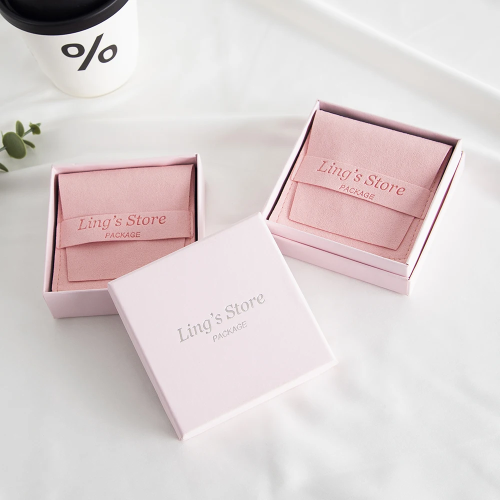 

24/50/100Set Personalized Logo 9x9x3cm Jewelry Paper Box With 8x8cm Microfiber Bag 7x7x3cm Lid Boxes Insert 6.2x6.2cm Strip Bags