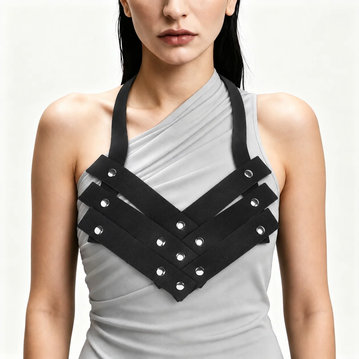 Marliwoo Cross Strap PU Leather Bib Necklace Edgy Statement Neck Ornament for Club Party Show Festival Women Fashion Jewelry