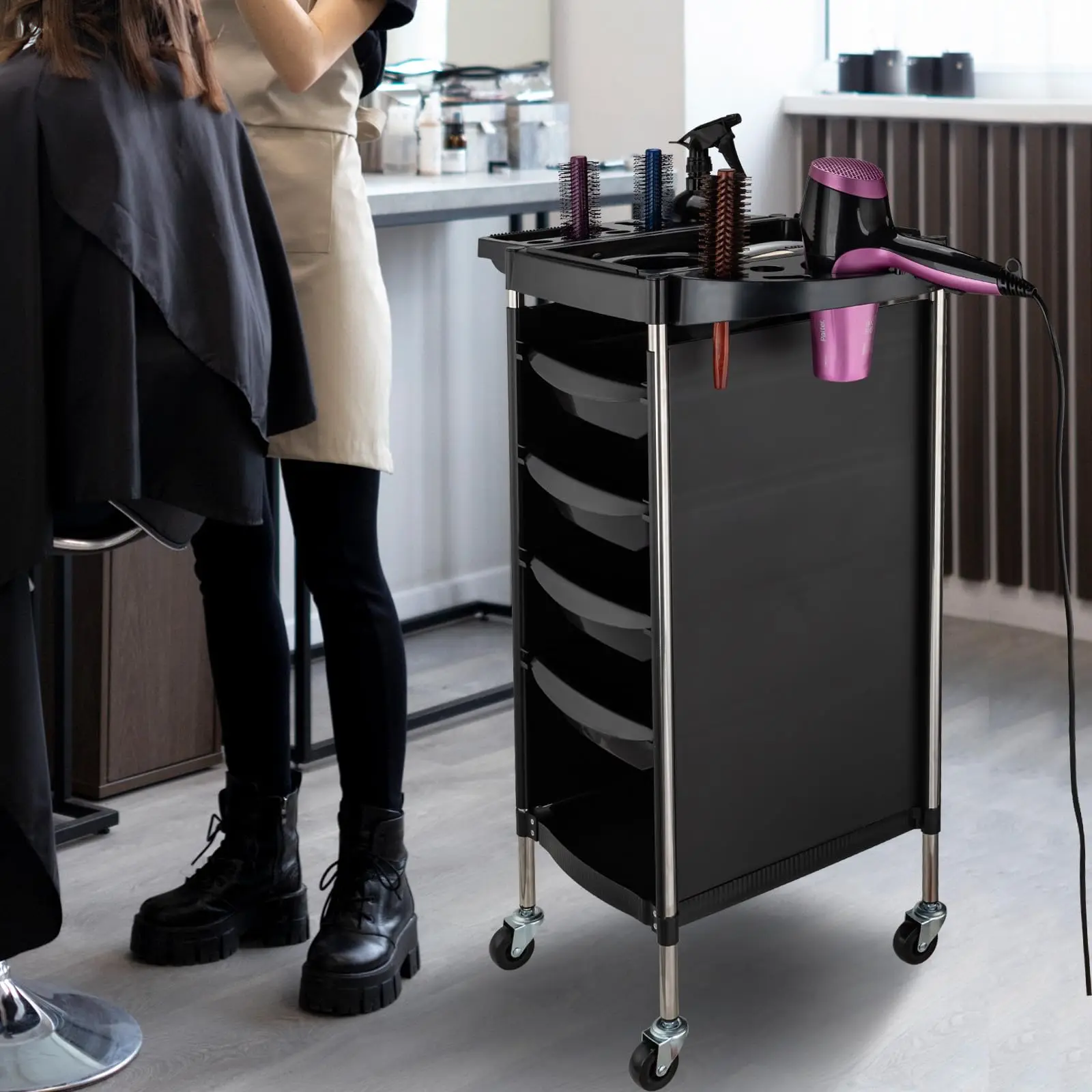 6-Tier Mobile Beauty Cart Salon Trolley With Wheels, Space Saving Storage For Hair Stylist Barber SPA Tattoo Equipment