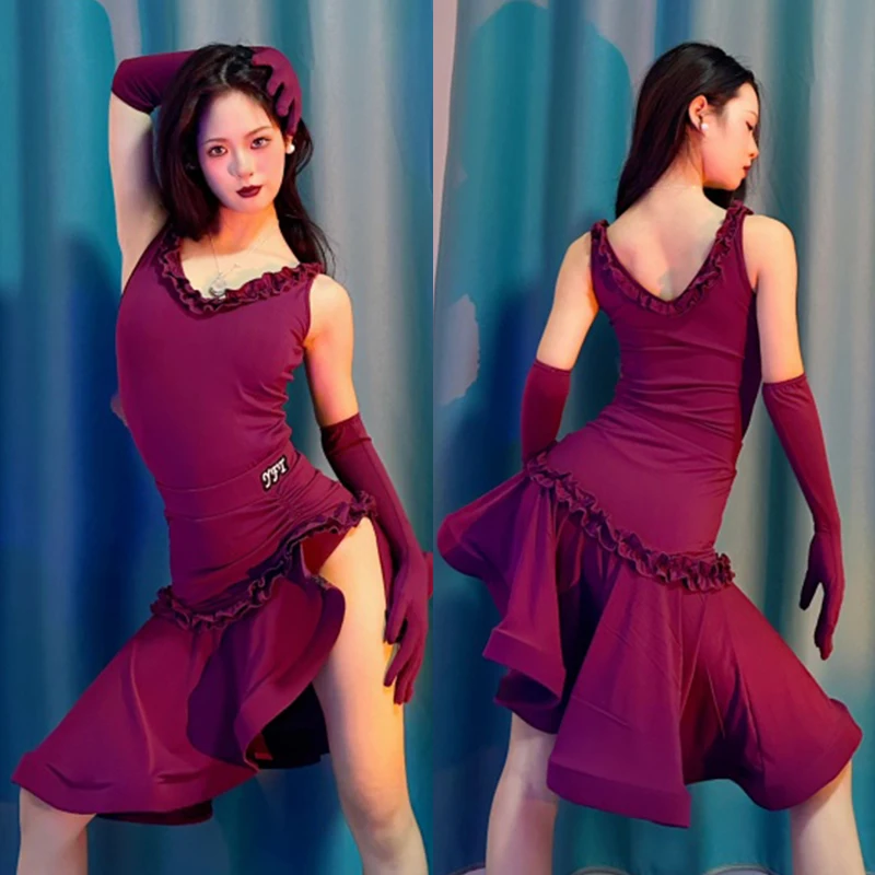 

Фиолетовое платье для соревнований по латинским танцам, женский танцевальный костюм для румбы, ча-ча, танго, платье с рыбьей косточкой, сексуальная одежда для выступлений DNV24669