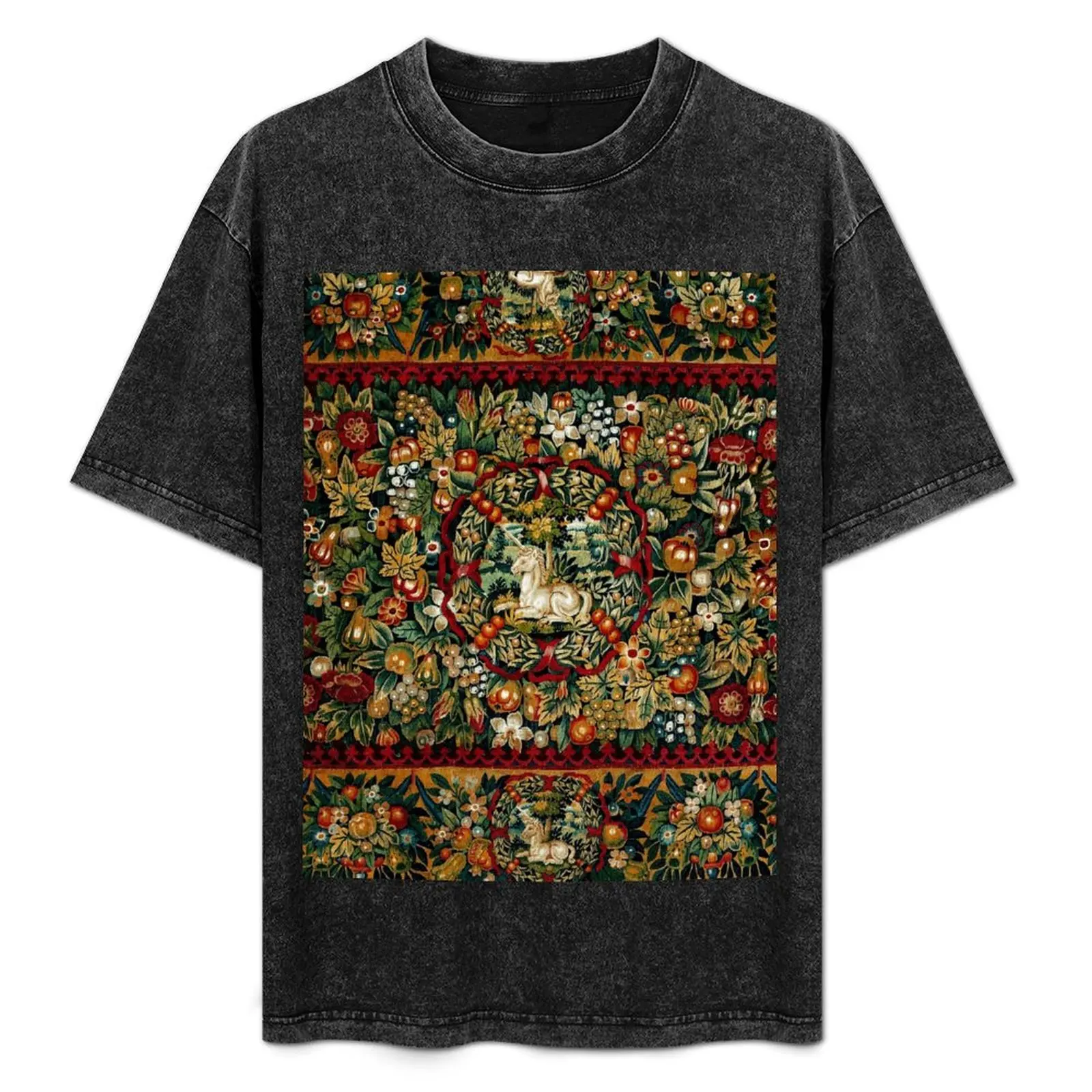 

Medieval Unicorn Floral Tapestry T-Shirt Basic Casual Short Sleeve Cotton Shirt