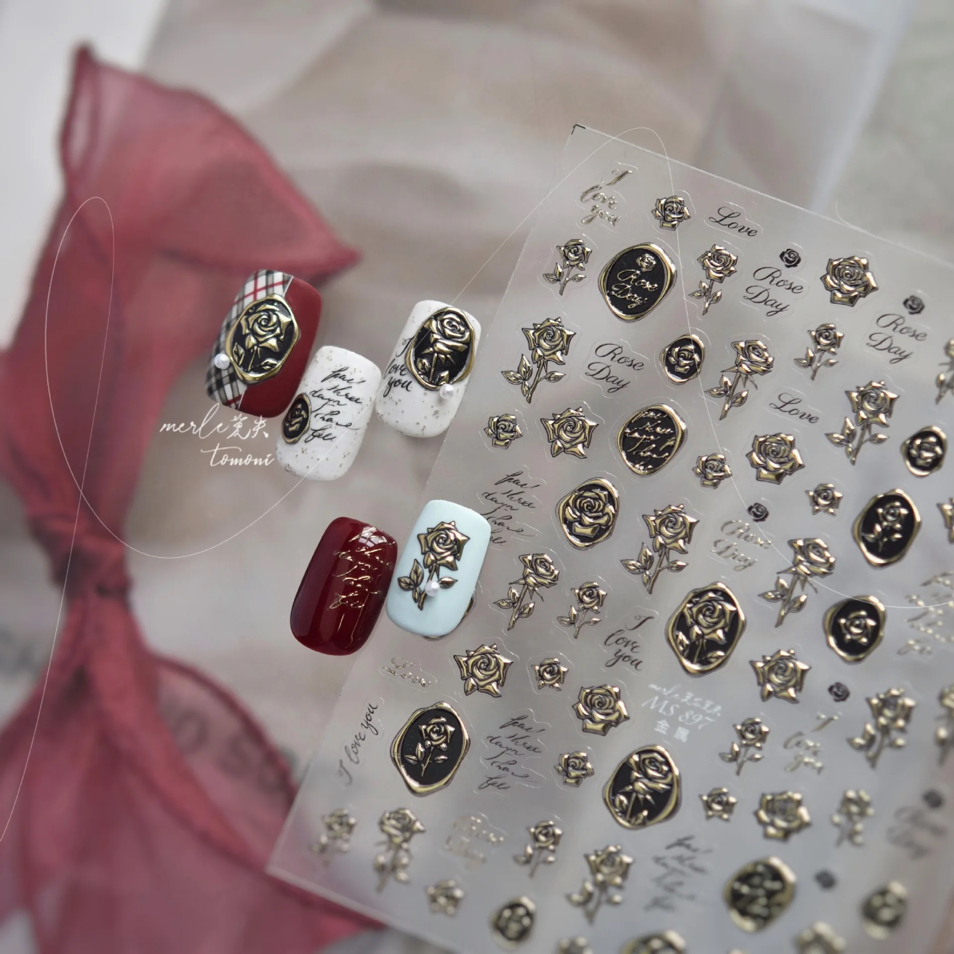 

Retro Elegant Black Gold Metal Rose Exquisite Nail Stickers Gold Retro Self Adhesive Nail Art Decorative Stickers Nail Stickers